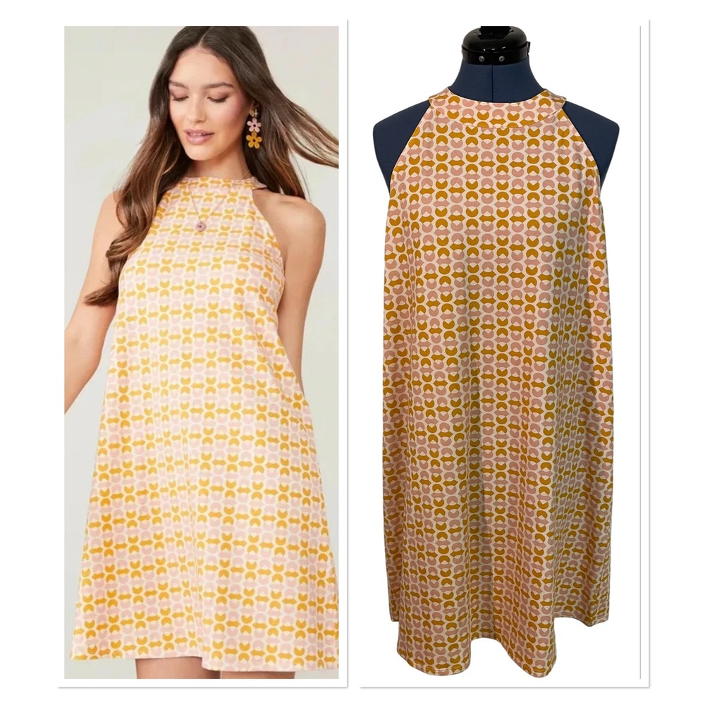 Spartina 449 Gabi Halter Shift Dress Pink Yellow Geometric Mod Resortwear XL NEW